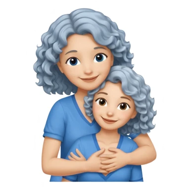Silver hair, wavy/curly hair chin-length lady giving hug with 2 arms,  v-neck and smiling, add a heart, blue shirt sticker