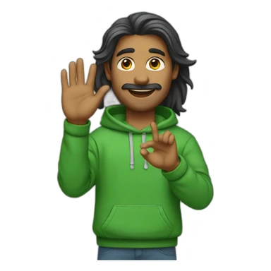 an indian man wearing a green sweatshirt, long hair, no facial hair, waving goodbye sticker