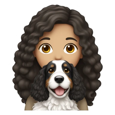 white girl with long dark hair holding white bernedoodle sticker