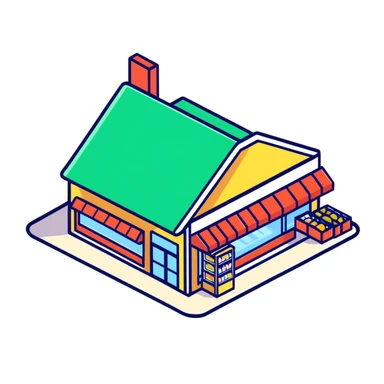 Isometric grocery store with shoppers, food shelves, and checkout area sticker