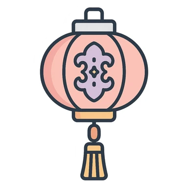 beautiful Chinese lantern with carved decor and tassel, icon-color-outlined style, thin clean contours, soft rounded shapes, pastel palette #98B5BC, #B5B3C1, #C9A3C9, #E4C0CA, #F7DCD1, #F7C0AA, detailed shadows and highlights, soft lighting, transparent background, eastern style sticker