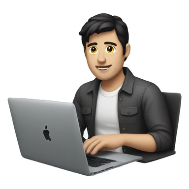 white man with black hair working macbook sticker