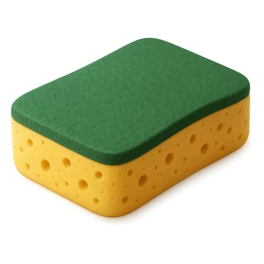 Show only one rectangular kitchen sponge with rounded edges. Dual-layer: soft, porous yellow base and green scrub layer on top. Texture is slightly springy and detailed, with tiny holes and surface grain. No soap, water, hands, or background elements, no faces. Clean, natural 3D rendering, soft lighting, subtle shadows, transparent background, emoji scale, optimized for clarity, texture, and recognizability at small size. The style should be clean and natural 3D rendering with soft lighting and subtle shadows, optimized for emoji scale. sticker