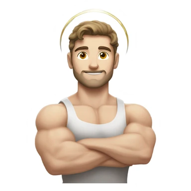 pretty muscular pale brunette man flexing with a halo sticker