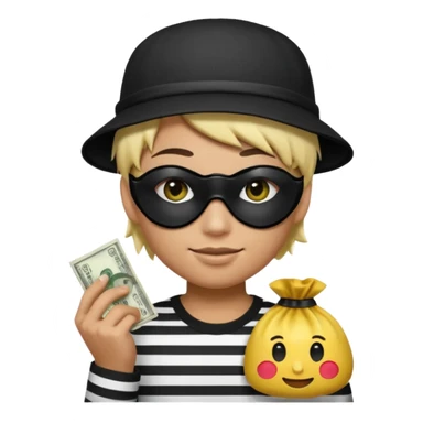 Realistic ios emoji-style portrait of a classic burglar, a black eye mask and a black-and-white striped shirt. Highly detailed, natural skin texture, realistic shadows, smooth gradients, glossy reflections in the eyes. emoji-like hair, black hat, an ios emoji bag of money in a right corner  sticker