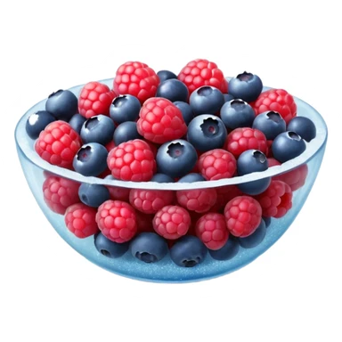 small mix of whole frozen berries including raspberries, strawberries, blueberries, redcurrants, coated with a light frost layer, slightly muted colors and icy sparkle, loosely clustered or lightly scattered, no bag, bowl, or garnish, just the fruits, soft lighting, subtle shadows, emoji scale sticker