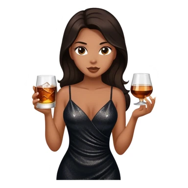 Beautiful woman in 1950’s woman fashion look, black shimmery dress, long dark brown hair, whisky with ice sticker