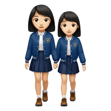 hair : black long hair with fringe 
skin : light 
cloth : deep brown varsity jacket + navy long long school girl skirt 
motion : walking 


 sticker