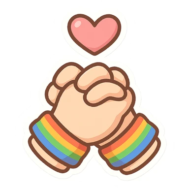 chibi sticker-style pair of clasped hands with a heart and rainbow bracelets, cute and exaggerated sticker