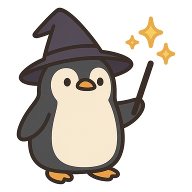 flat toon style penguin wizard with pointed hat and sparkles sticker