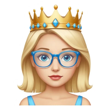 beautiful princess with blonde hair, bright blue eyes, wearing stylish glasses and a crown sticker