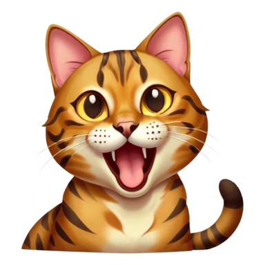 Cinematic Comical Bengal Cat Portrait Emoji, Head tilted dramatically while yawning exaggeratedly, sleek spotted brown and gold fur, Simplified yet hilariously adorable features, highly detailed, glowing with an almost sarcastic glow, high shine, a mix of lazy and curious, stylized with a touch of playful whimsy, bright and alert but with a comical expression, soft glowing outline, capturing the essence of a mischievous yet overly dramatic kitten, so meme-worthy it feels like it could leap off the screen and sarcastically demand attention, perfect for the internet's next viral meme! sticker