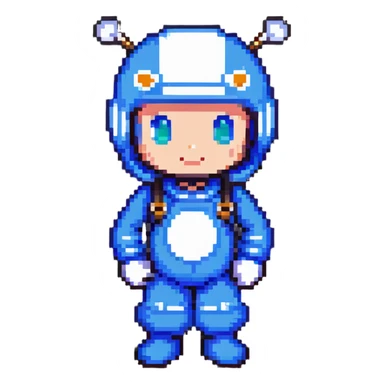 Classic bomberman character, blue and white colors, round helmet with antenna, cute pixel art style sticker