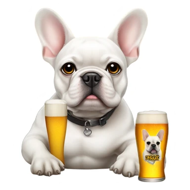 White French bulldog with black eye holding a beer sticker