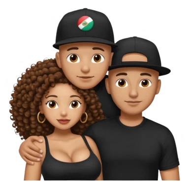 A picture of a tanned couple embracing. the guy is Mexican, with a bald hair cut and he has a SnapBack hat on. The girl is mixed, the girl is wearing a black shirt, the girl has brown curly big hair and the girl has big boobs  sticker