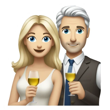caucasian woman with brown eyes and blond medium long hair and a caucasian man with blue eyes and grey hair, toasting with a glass of white wine sticker