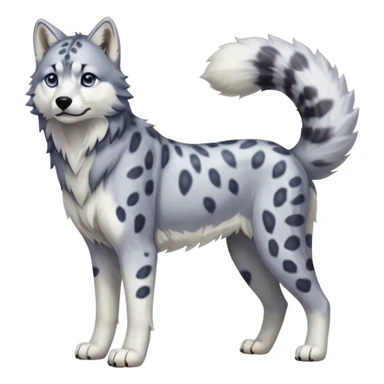 Realistic lanky natural feral beautiful pretty "Schnolf"-"TaniDaReal"-Husky-Snow-leopard-wolf-hybrid-fusion-animal-creature, full body, with whiskers, thick long fluffy puffy limp feline tail sticker