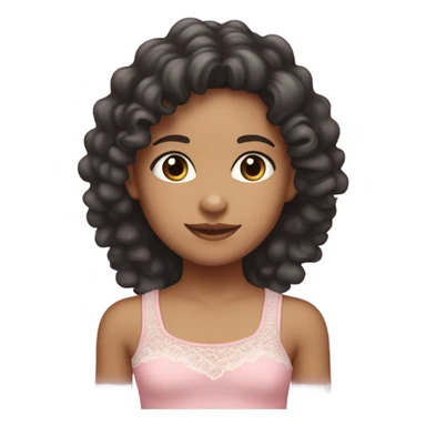 a girl emoji, mixed race, tan girl, dark grey almost black eye colour, long hair dark brown curls. Wearing a lace trim baby pink tank top with a small bow on shirt. sticker
