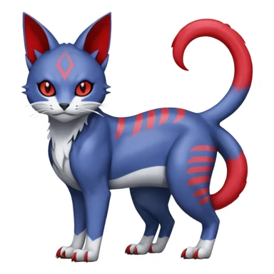 Dark-greyish-blue-grey-black, with red markings, white belly, scaley Bastet-Noibat-Gatomon-Digimon-Fakémon-Pokémon-creature (full body) sticker