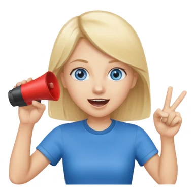 blue eyes blonde girl yelling into megaphone and holding up 1 finger in the other hand smiling sticker