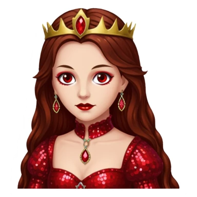 Countess Bathory with long brown hair, red sequin outfit sticker