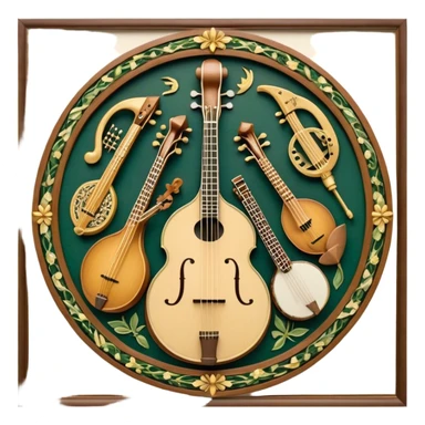 Design a complex and festive emblem-like emoji representing plucked string instruments, such as a banjo, mandolin, domra, sitar, and similar instruments. The composition should resemble a heraldic crest, with the instruments arranged symmetrically and gracefully, their necks intertwining with a flowing ribbon of musical notes. The ribbon should weave through the strings and headstocks, symbolizing the harmonious connection between the instruments. Use detailed engraving on the instrument bodies and fretboards to emphasize their craftsmanship. Incorporate rich, celebratory colors like gold, mahogany brown, deep green, and vibrant accents. Add subtle shading and light reflections to create a three-dimensional, polished look. Include ornate elements like swirls, laurel leaves, and decorative flourishes to enhance the festive and professional appearance. The background should be transparent to highlight the emblem as a standalone piece. sticker