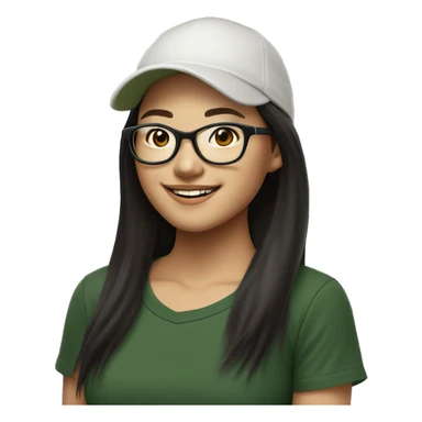 Hyper realistic, look from side, asian adult woman, light white skin, smiling with teeth, black eyes, spotted frame glasses, long brown straight hair with highlighted strands, black T-shirt, dark green cap. sticker