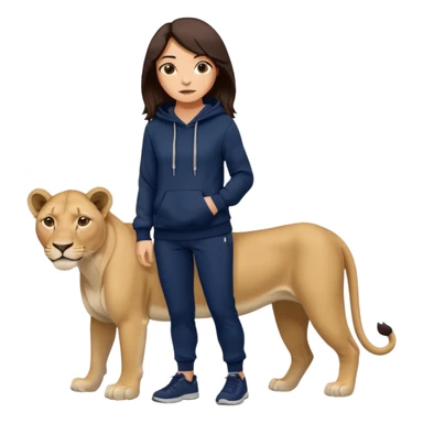 León tierno que sea mujer con pantalones guangos color azul marino y una sudadera negra con cabello suelto color castaño obscuro sticker