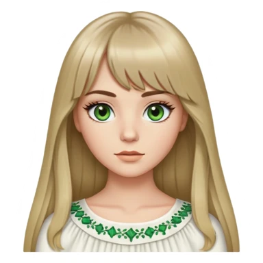 White girl with long darkblonde hair, curtain bangs, A middle part and green almond eyes, long black lashes and a white top sticker