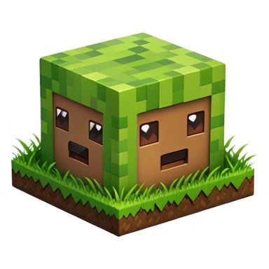 A 3D Apple-style emoji of a Minecraft grass block, cubic shape, with bright green grass on top and brown soil with pixel texture on the sides, simple and cute cartoon design. sticker