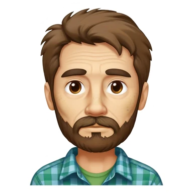 Skinny Hispanic man, 55 years old with light skin. Gaunt face with visible bone structure. Messy, tousled brown hair. Patchy brown beard that needs trimming. Tired eyes. Wearing an oversized green and blue checkered shirt on his thin frame. sticker