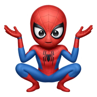 A cute caricature Spider-Man emoji, chibi style, oversized head and tiny body, big expressive white eyes, simplified red and blue suit, thick black outlines, glossy cartoon shading, friendly playful expression, clean vector style, centered face, emoji-sized, transparent background sticker