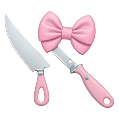 Cute emoji style illustration of a kitchen knife with a pink bow tied directly around the handle of the knife, not floating, not separate, kawaii style, rounded shapes, pastel colors, friendly look, flat vector design, white or transparent background, simple emoji icon sticker