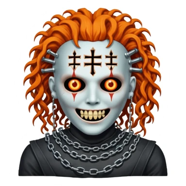 pinhead Hellraiser corpse made of rusty metal with chains on its teeth, huge curly orange hair sticker