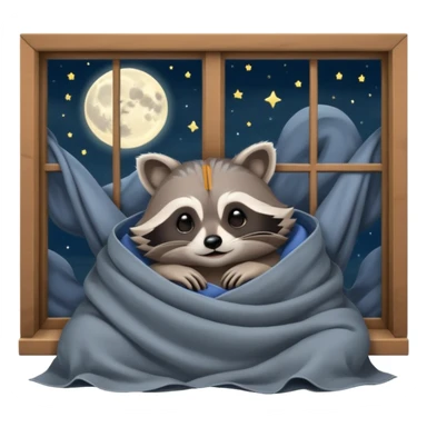 A raccoon sleeps under a blanket against the backdrop of an open window with the moon sticker