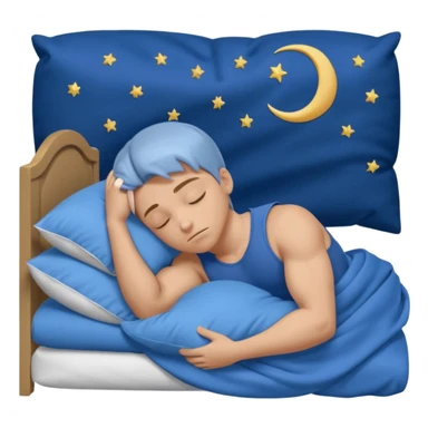 A young muscular male with short dark-blonde hair and medium-light skin, wearing blue cloth. He sleeps on his side, holding a soft white pillow, his head on a smooth blue pillow. A sleeping symbol floats above him in the dark, nighttime scene. A flowing blue blanket with silky folds covers him. sticker