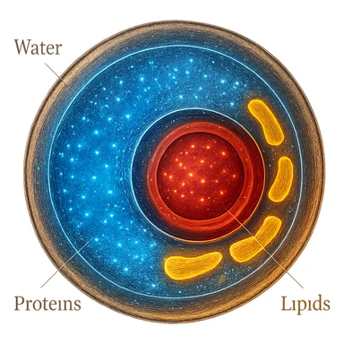 Zelle, deren Inhalt leuchtet in verschiedenen Farben (z. B. blau für Wasser, rot für Proteine, gelb für Lipide sticker