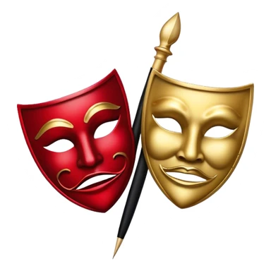 Create a bold and dramatic emoji representing the art of playwriting. The design should feature an open script or a theater playbook, with stylized text lines or dramatic dialogue inside. Include elements like a theatrical comedy and tragedy masks, a stage spotlight, or a writting quill to symbolize creativity and performance. Use deep, contrasting colors like red, black, and gold to evoke the intensity and passion of drama. The overall design should feel dramatic, inspiring, and artistic. Make the background transparent. sticker