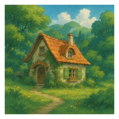cozy cottage in a lush landscape with gentle lighting in ghibli style sticker