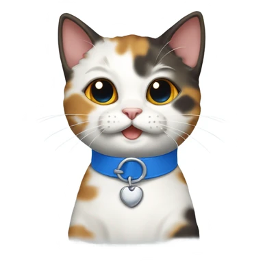 happy cute tortoiseshell white cat with blue cat collar, full body,  from half side perspective  sticker