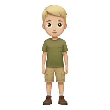 boy wearing an olive-green shirt over a brown T-shirt with beige cargo shorts sticker