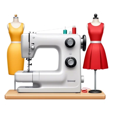 Sewing icon, sewing machine with thread, visible needle, spools of thread, fabric pieces cut according to patterns, measuring tape, pins, scissors, and dresses on mannequins, minimalistic style, clean lines, transparent background. sticker