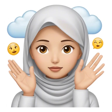 a white young asian Muslim woman are thinking something. Her eyes rolling to up right. Her hand touching face. There's emoji cloud to describe what she thinking about. sticker