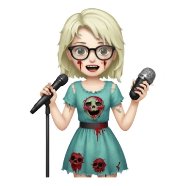 singer, Zombie girl, super happy, wearing dress, singing to mic, glasses sticker