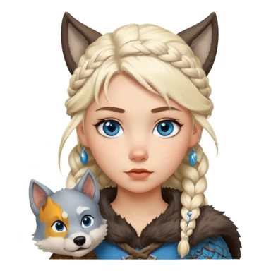 Viking platinum blonde girl with braid and blue eyes. Wolf pet sticker
