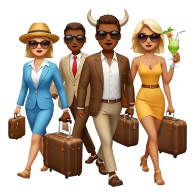 generate an emoji of a group of up to 8 male and female bulls travelling together on holidays. One bull has a suitcase, one has sunglasses, one is carrying a cocktail. They're all in motion, walking together sticker