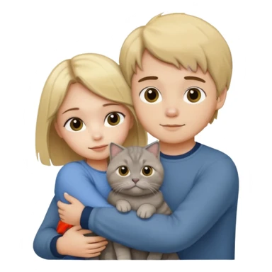 Blonde girl and brunette boy hugging a grey scottish fold cat sticker