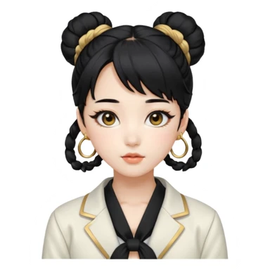 a beautiful girl face, wearing cute korean makeup, black hair, tied into two lowbuns with front bangs, black shirt, white jacket with golden shoulder pads, kpop idol sticker