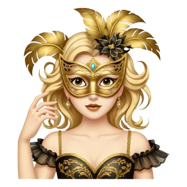A woman in an ornate gold masquerade mask and elegant outfit, holding the mask delicately. sticker