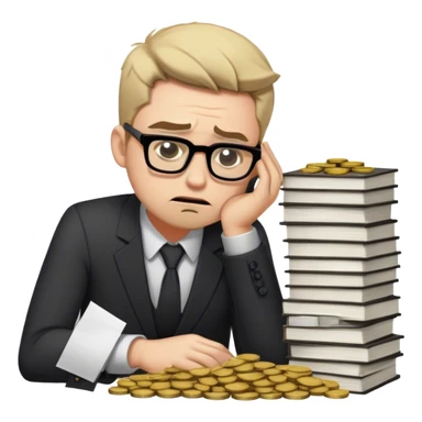 Create an emoji-style character of a sad business owner with black rectangular glasses and a light stubble (afternoon shadow beard, not a full beard). He looks frustrated and disappointed as he hands over a massive stack of work (papers, laptop, or files) in exchange for a tiny coin. His posture is slouched, and his facial expression conveys exhaustion and regret. The style should be simple, expressive, and instantly recognizable as an emoji. sticker